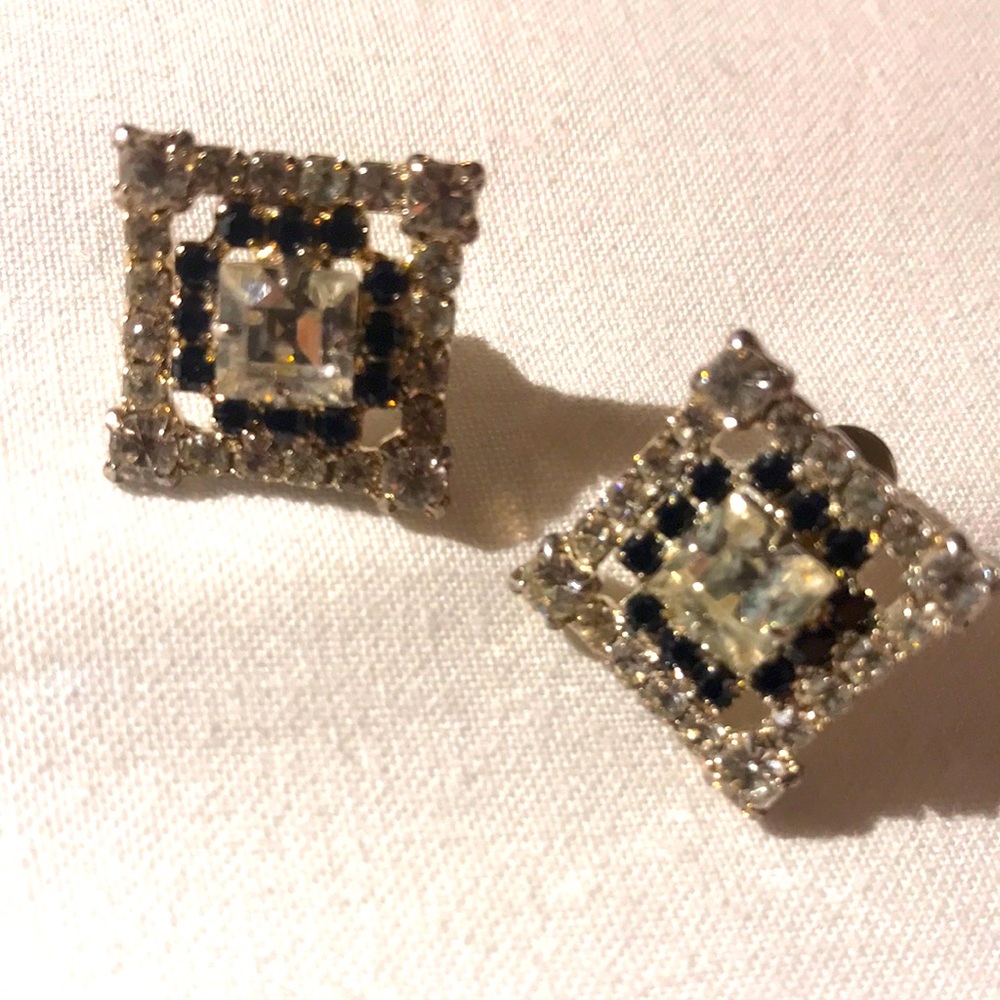 Vintage Elegant Square Rhinestone and Black Earrings